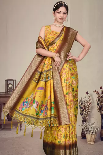 Yellow cotton silk digital print saree