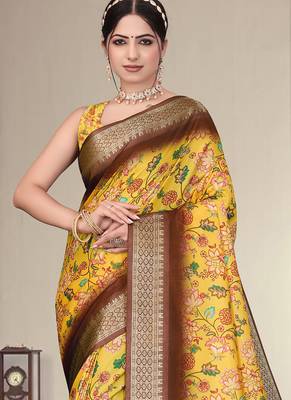 Yellow cotton silk digital print saree 3