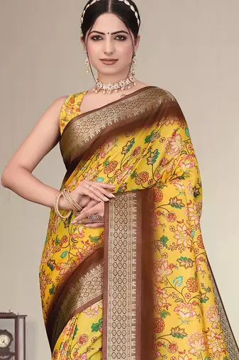Yellow cotton silk digital print saree