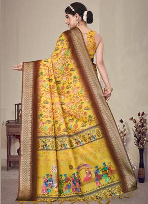 Yellow cotton silk digital print saree 4