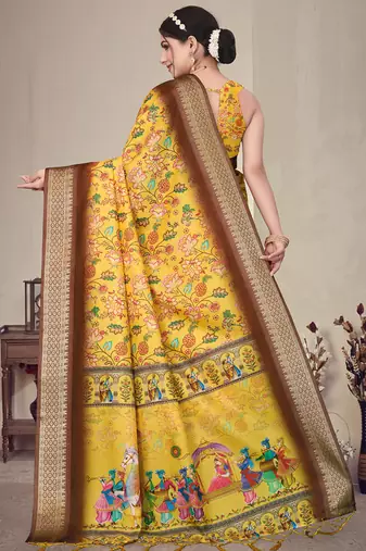 Yellow cotton silk digital print saree