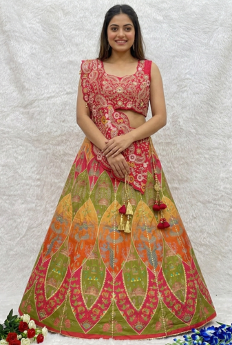 Rani Pink Embroidery Coding And Digital Printed Creap Lehenga Choli 