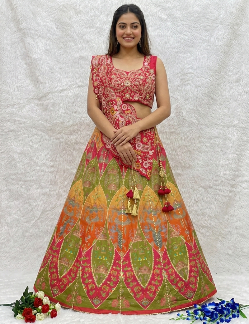 Rani Pink Color Embroidery Coding And Digital Printed Work Creap Lehenga Choli 