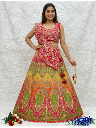 Rani Pink Color Embroidery Coding And Digital Printed Work Creap Lehenga Choli  2