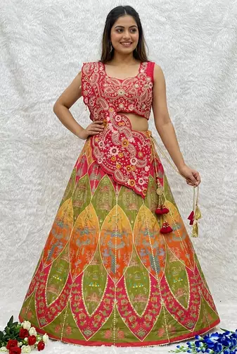 Rani Pink Color Embroidery Coding And Digital Printed Work Creap Lehenga Choli 