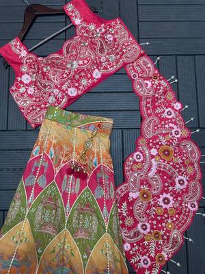 Rani Pink Color Embroidery Coding And Digital Printed Work Creap Lehenga Choli  3