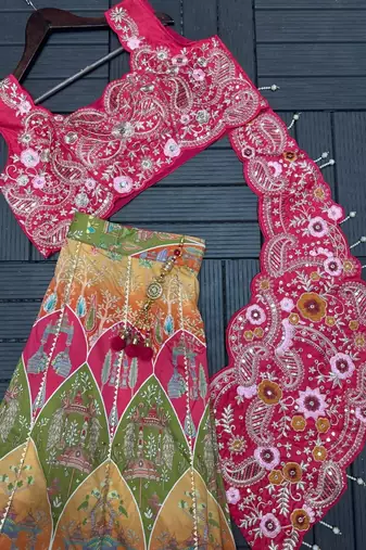 Rani Pink Color Embroidery Coding And Digital Printed Work Creap Lehenga Choli 