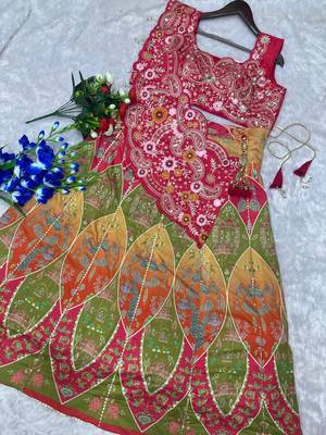 Rani Pink Color Embroidery Coding And Digital Printed Work Creap Lehenga Choli  4