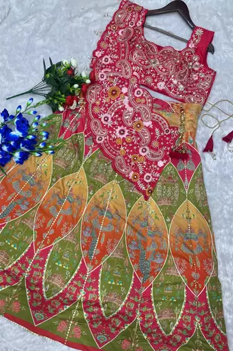 Rani Pink Color Embroidery Coding And Digital Printed Work Creap Lehenga Choli 