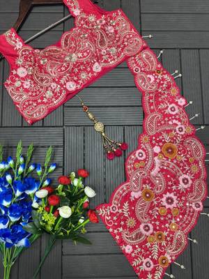 Rani Pink Color Embroidery Coding And Digital Printed Work Creap Lehenga Choli  5