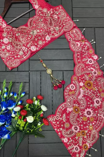 Rani Pink Color Embroidery Coding And Digital Printed Work Creap Lehenga Choli 