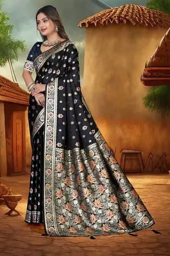 Black Banarasi Satin Silk Saree with Silver Zari & Thread Work Floral Design and Rich Traditional Pallu