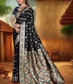 Black Banarasi Satin silk blend Saree with Silver Zari & Thread Work Floral Design and Rich Traditional Pallu