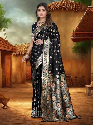 Black Banarasi Satin silk blend Saree with Silver Zari & Thread Work Floral Design and Rich Traditional Pallu 2