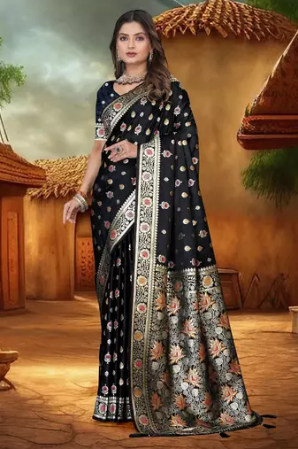 Black Banarasi Satin silk blend Saree with Silver Zari & Thread Work Floral Design and Rich Traditional Pallu