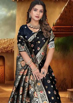 Black Banarasi Satin silk blend Saree with Silver Zari & Thread Work Floral Design and Rich Traditional Pallu 3
