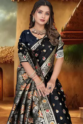 Black Banarasi Satin silk blend Saree with Silver Zari & Thread Work Floral Design and Rich Traditional Pallu