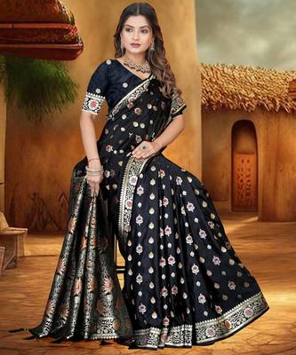 Black Banarasi Satin silk blend Saree with Silver Zari & Thread Work Floral Design and Rich Traditional Pallu 4