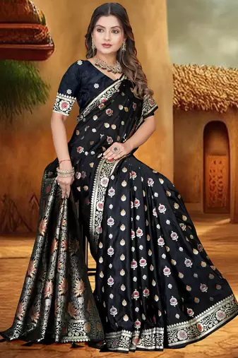 Black Banarasi Satin silk blend Saree with Silver Zari & Thread Work Floral Design and Rich Traditional Pallu