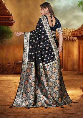 Black Banarasi Satin silk blend Saree with Silver Zari & Thread Work Floral Design and Rich Traditional Pallu 5