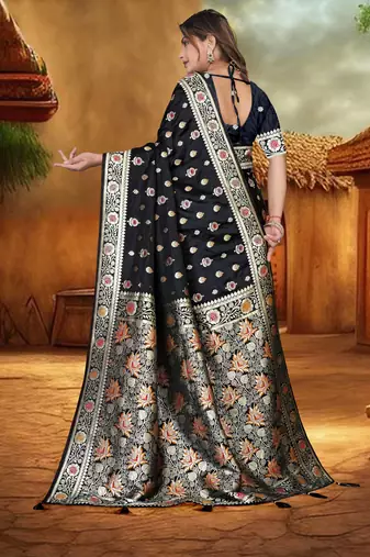 Black Banarasi Satin silk blend Saree with Silver Zari & Thread Work Floral Design and Rich Traditional Pallu