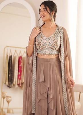 Beige Color Embroidered Work Banglori Silk Blouse Sharara Set 2