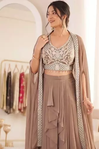 Beige Color Embroidered Work Banglori Silk Blouse Sharara Set