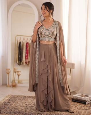 Beige Color Embroidered Work Banglori Silk Blouse Sharara Set 1
