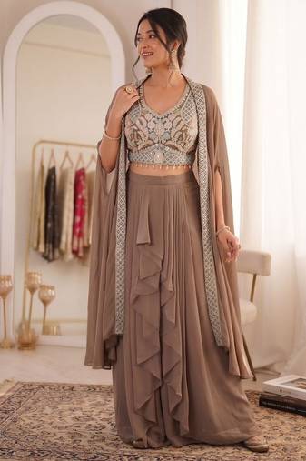Beige Color Embroidered Work Banglori Silk Blouse Sharara Set