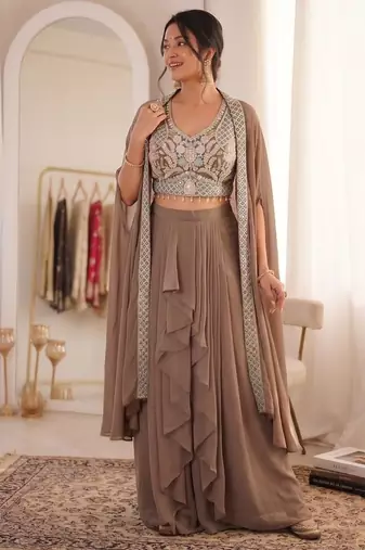 Beige Color Embroidered Work Banglori Silk Blouse Sharara Set