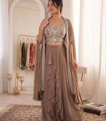 Beige Color Embroidered Work Banglori Silk Blouse Sharara Set