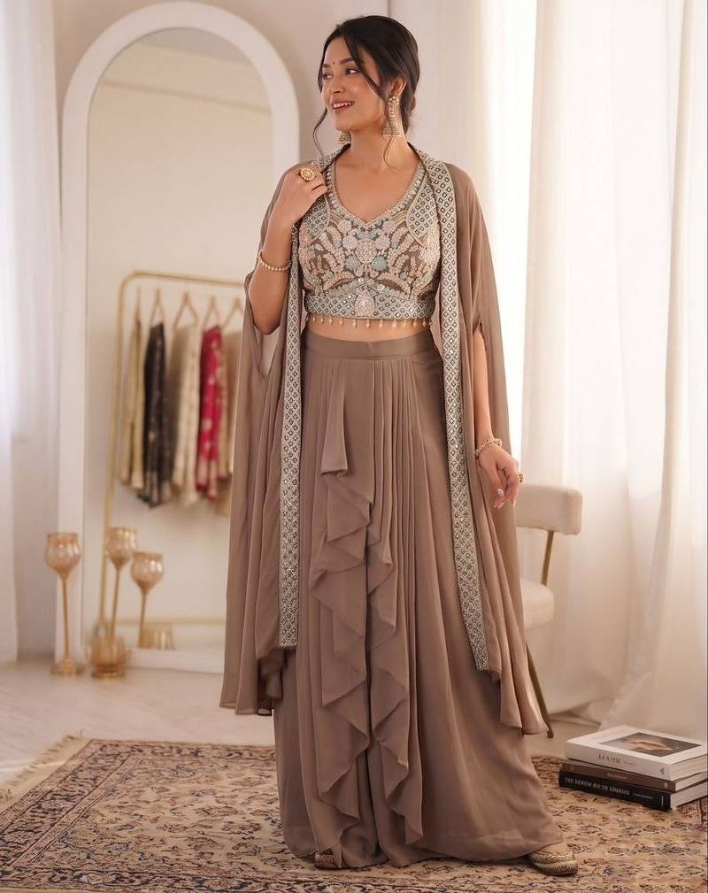Beige Color Embroidered Work Banglori Silk Blouse Sharara Set