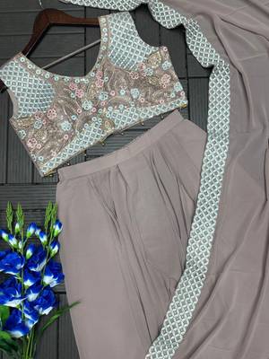 Beige Color Embroidered Work Banglori Silk Blouse Sharara Set 4