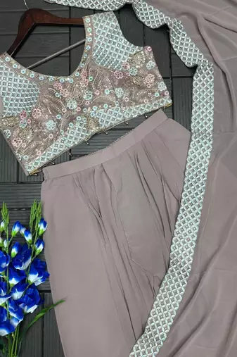 Beige Color Embroidered Work Banglori Silk Blouse Sharara Set