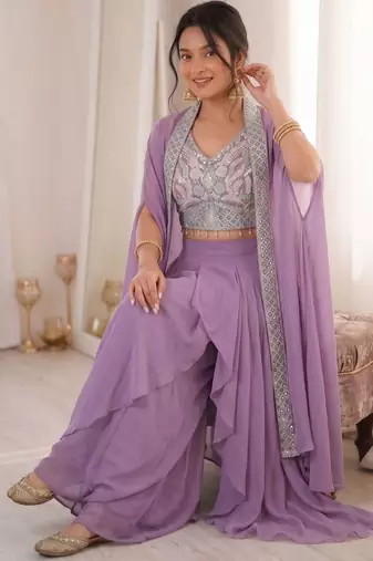 Lavender Color Embroidered Work Banglori Silk Blouse Sharara Set
