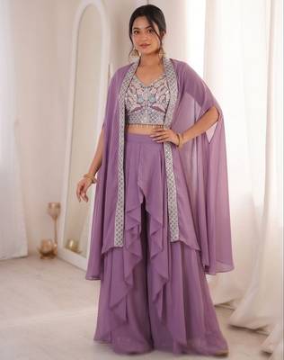 Lavender Color Embroidered Work Banglori Silk Blouse Sharara Set 2