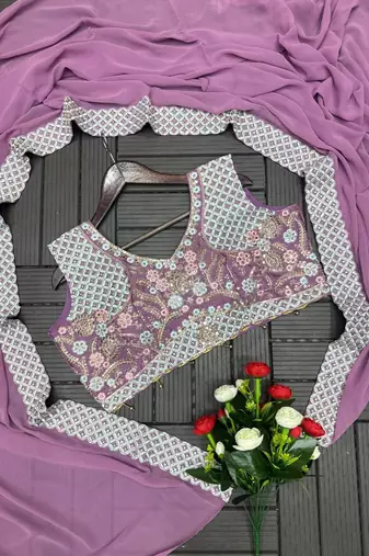 Lavender Color Embroidered Work Banglori Silk Blouse Sharara Set