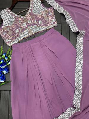 Lavender Color Embroidered Work Banglori Silk Blouse Sharara Set 4
