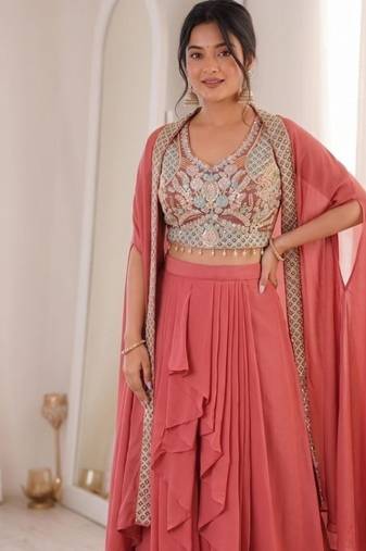 Peach Color Embroidered Work Banglori Silk Blouse Sharara Set