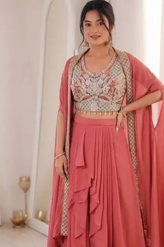 Peach Color Embroidered Work Banglori Silk Blouse Sharara Set