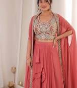 Peach Color Embroidered Work Banglori Silk Blouse Sharara Set