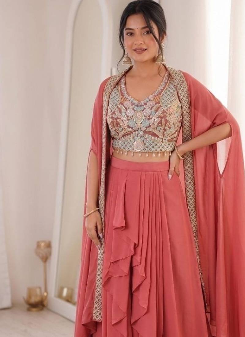 Peach Color Embroidered Work Banglori Silk Blouse Sharara Set