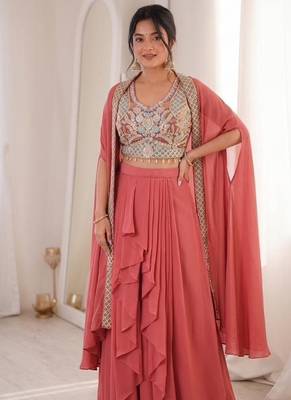 Peach Color Embroidered Work Banglori Silk Blouse Sharara Set 2