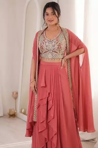 Peach Color Embroidered Work Banglori Silk Blouse Sharara Set