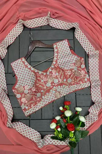 Peach Color Embroidered Work Banglori Silk Blouse Sharara Set
