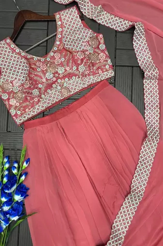 Peach Color Embroidered Work Banglori Silk Blouse Sharara Set