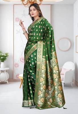Mehandi Green Banarasi Satin silk blend Saree with Silver Zari & Thread Work and Rich Traditional Pallu 1
