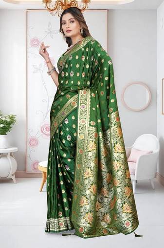 Mehandi Green Banarasi Satin Silk Saree with Silver Zari & Thread Work and Rich Traditional Pallu