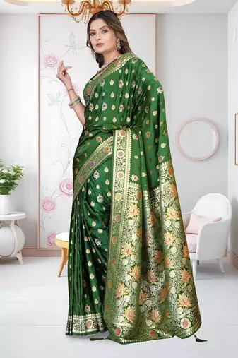 Mehandi Green Banarasi Satin Silk Saree with Silver Zari & Thread Work and Rich Traditional Pallu