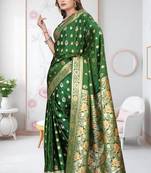 Mehandi Green Banarasi Satin silk blend Saree with Silver Zari & Thread Work and Rich Traditional Pallu